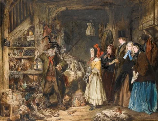 Miss Flite stellt die Wards in Jarndyce Krook vor, Der Lordkanzler, eine Szene aus Bleak House von Charles Dickens, ca. 1860